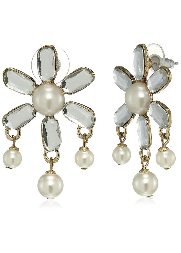 Estele Gold Tone Mirror 6 petal flower pearl Drop Earrings - Indian Silk House Agencies