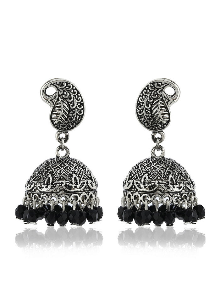 Estele Oxidised Silver Tone Plated Metal Brass Jhumki with Black Beads Earrings for Women - Indian Silk House Agencies