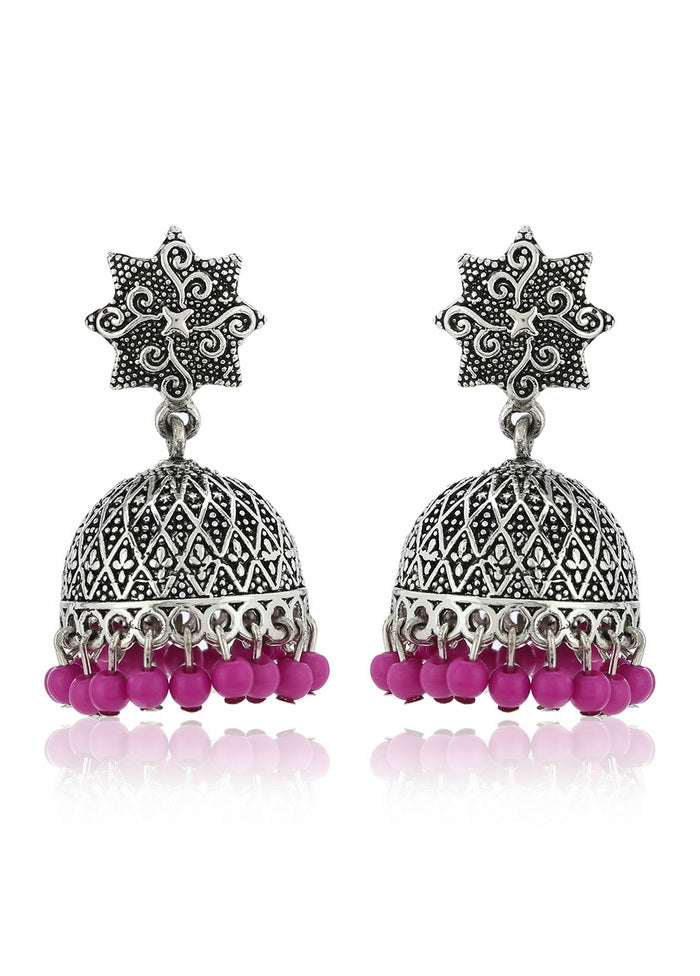 Estele Oxidised Silver Plated Traditional Metal Brass Jhumki with Pink Beads drop Earrings for women - Indian Silk House Agencies