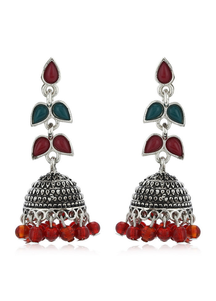 Estele Red and Green Gold Metal Brass Oxidised Silver Floral model enamel with Red Colour Pearl drop - Indian Silk House Agencies