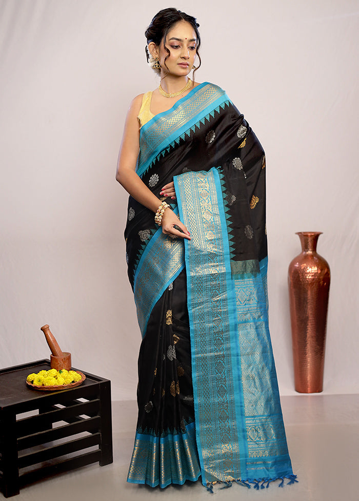 Black Gadwal Pure Silk Saree Without Blouse Piece - Indian Silk House Agencies