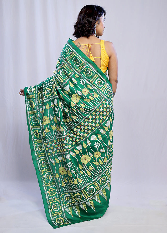 Green Kantha Stitch Pure Silk Saree With Blouse Piece - Indian Silk House Agencies