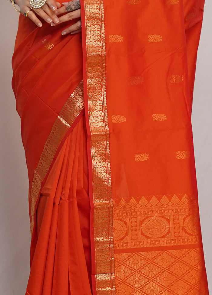 Rust Kanjivaram Silk Saree With Blouse Piece - Indian Silk House Agencies