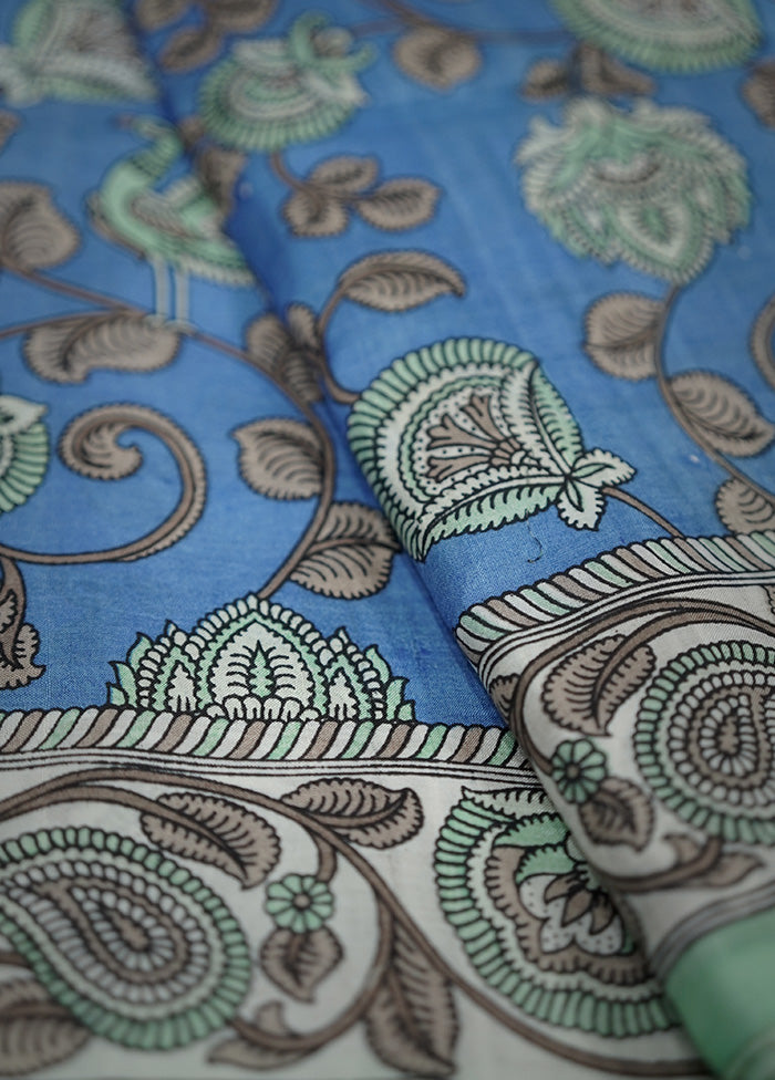 Blue Printed Pure Silk Saree With Blouse Piece - Indian Silk House Agencies