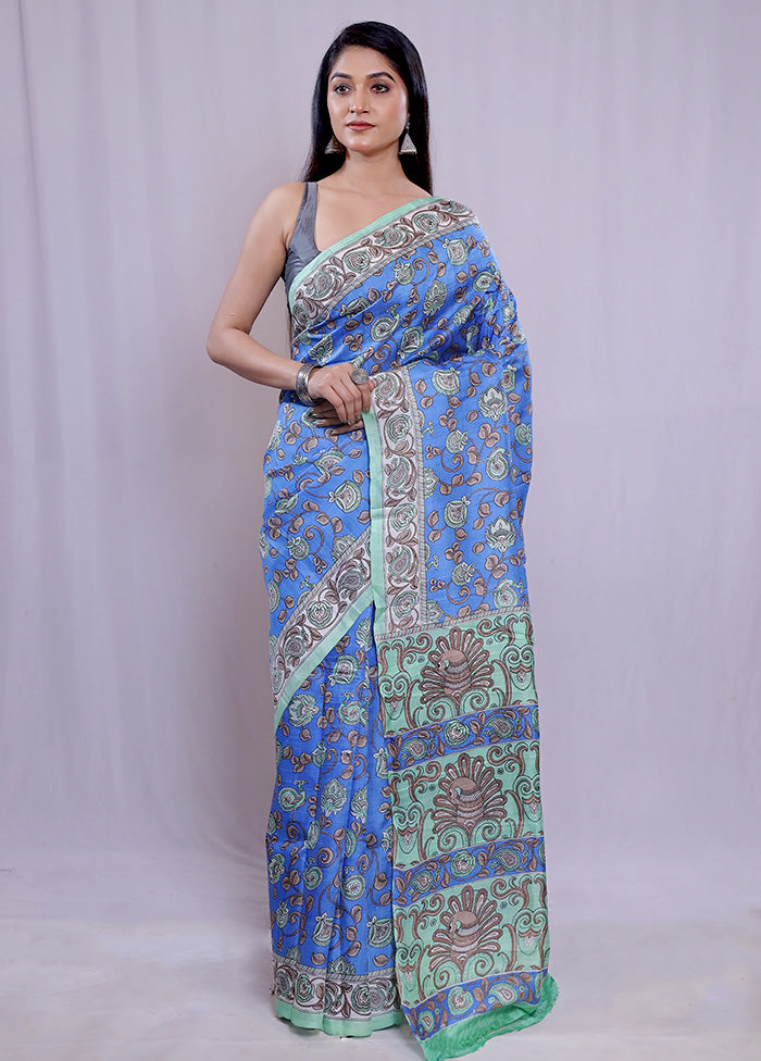 Blue Printed Pure Silk Saree With Blouse Piece - Indian Silk House Agencies