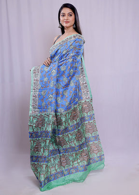 Blue Printed Pure Silk Saree With Blouse Piece - Indian Silk House Agencies