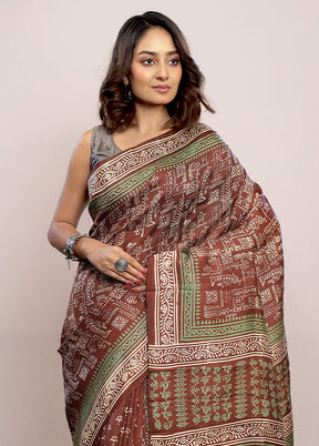 Brown Printed Pure Silk Saree With Blouse Piece - Indian Silk House Agencies