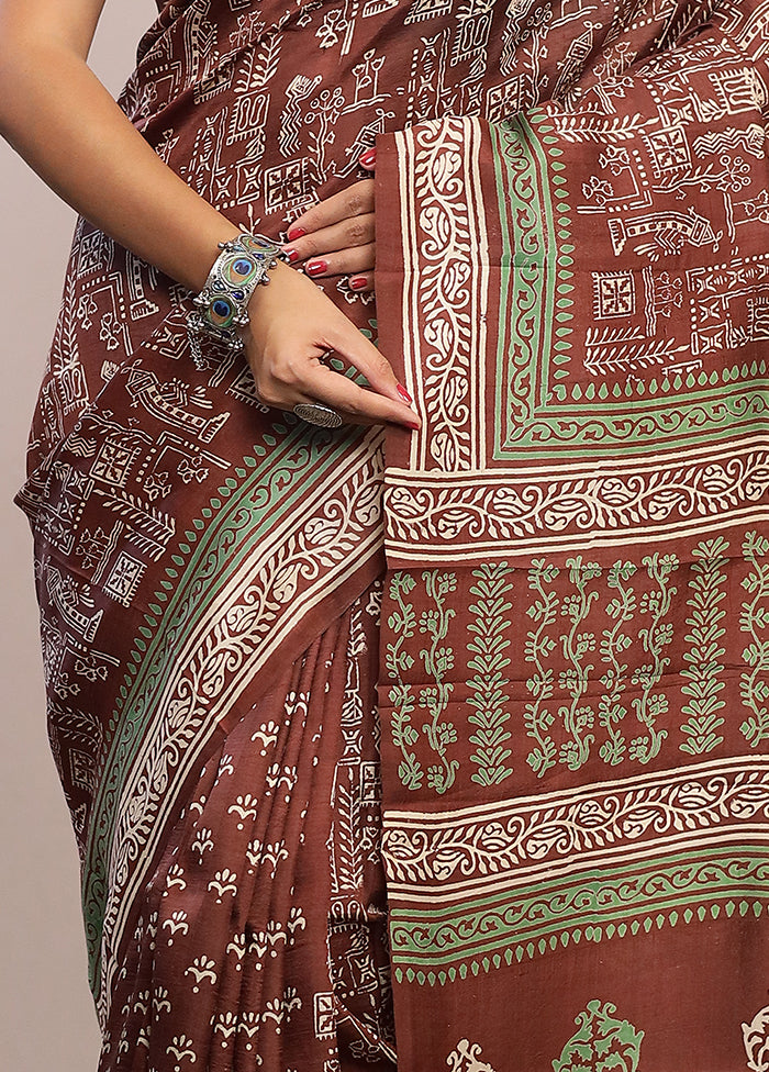 Brown Printed Pure Silk Saree With Blouse Piece - Indian Silk House Agencies