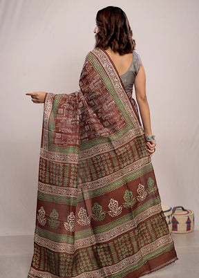 Brown Printed Pure Silk Saree With Blouse Piece - Indian Silk House Agencies