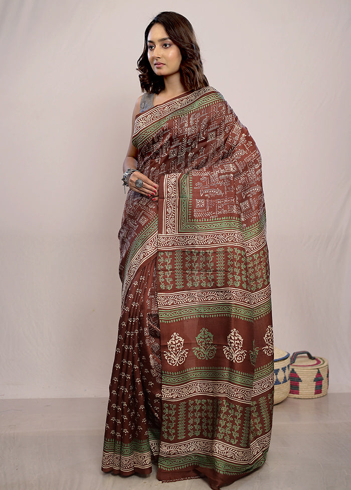 Brown Printed Pure Silk Saree With Blouse Piece - Indian Silk House Agencies