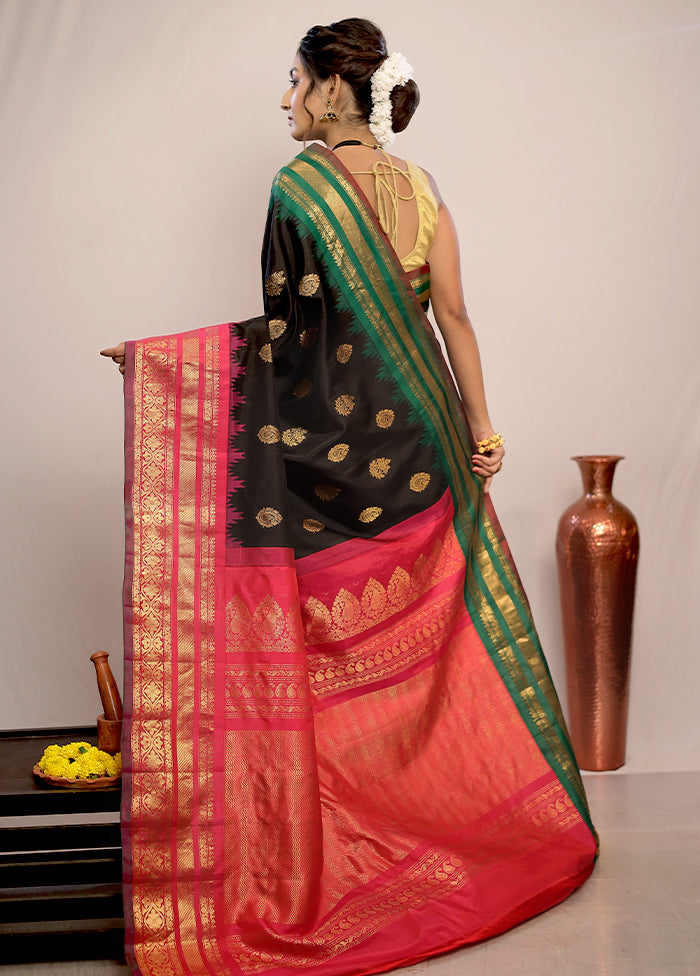 Black Gadwal Pure Silk Saree Without Blouse Piece - Indian Silk House Agencies