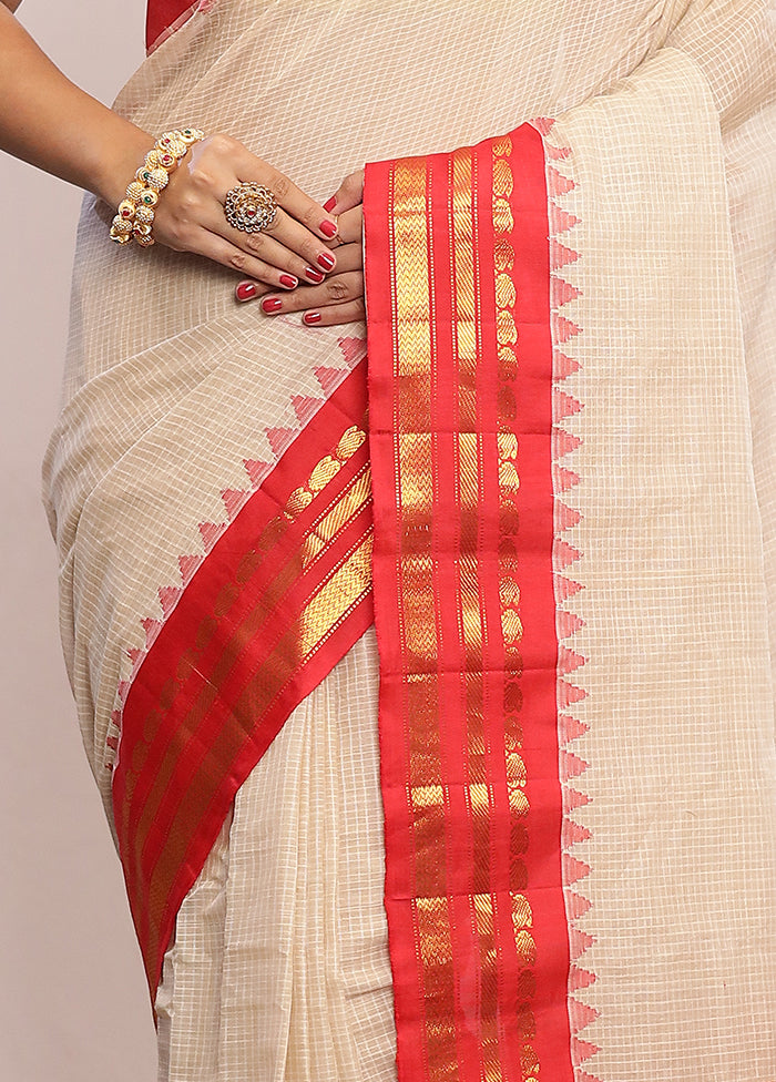 Cream Silk Cotton Gadwal Saree Without Blouse Piece - Indian Silk House Agencies