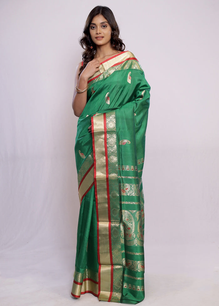 Green Garad Pure Silk Saree Without Blouse Piece - Indian Silk House Agencies