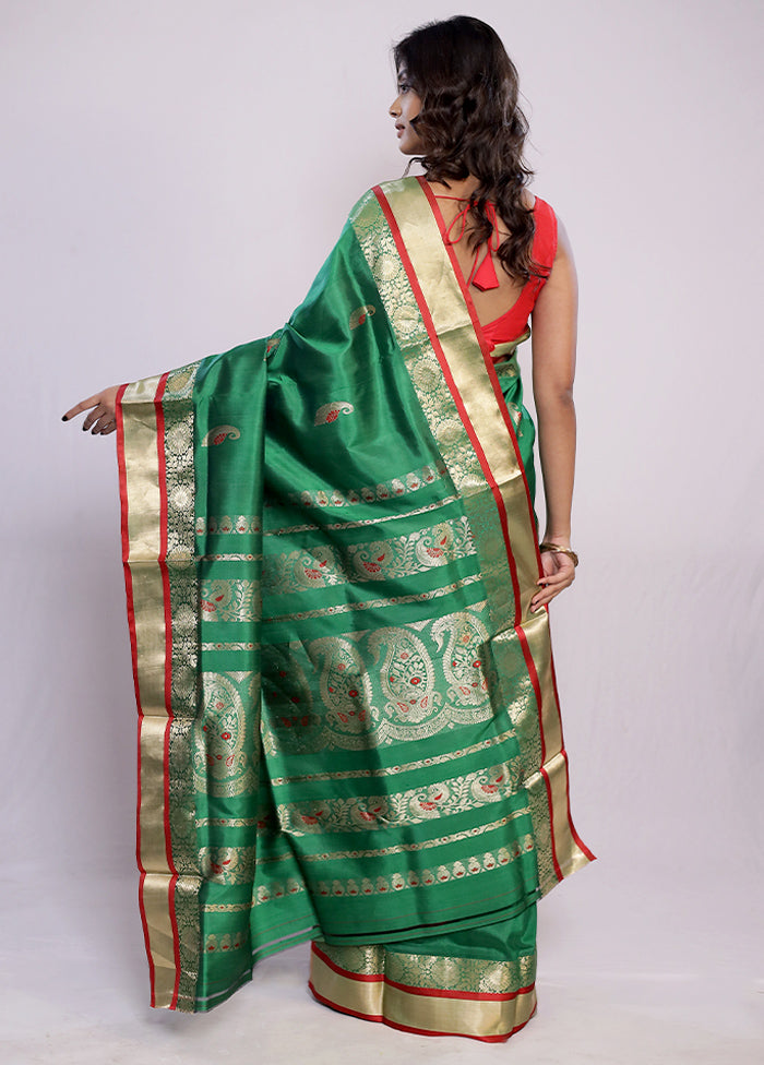 Green Garad Pure Silk Saree Without Blouse Piece - Indian Silk House Agencies