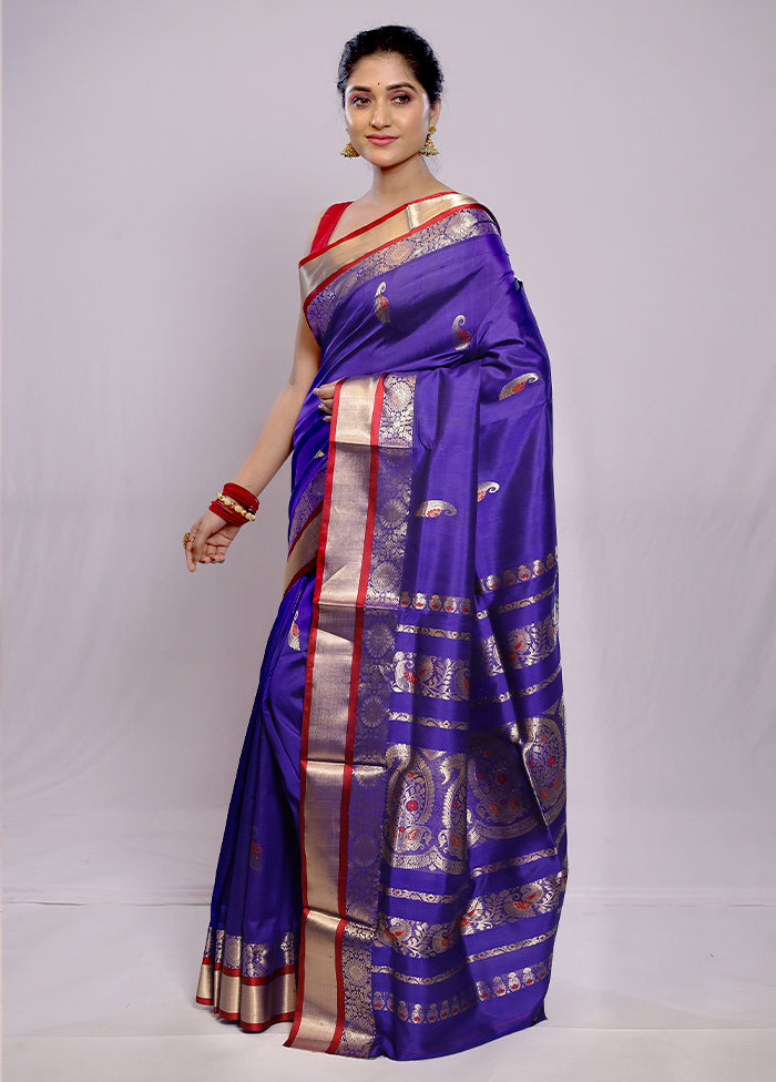 Blue Garad Pure Silk Saree Without Blouse Piece - Indian Silk House Agencies