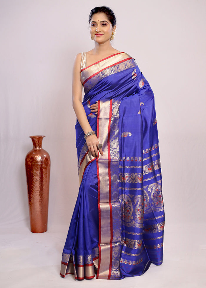 Blue Garad Pure Silk Saree Without Blouse Piece - Indian Silk House Agencies