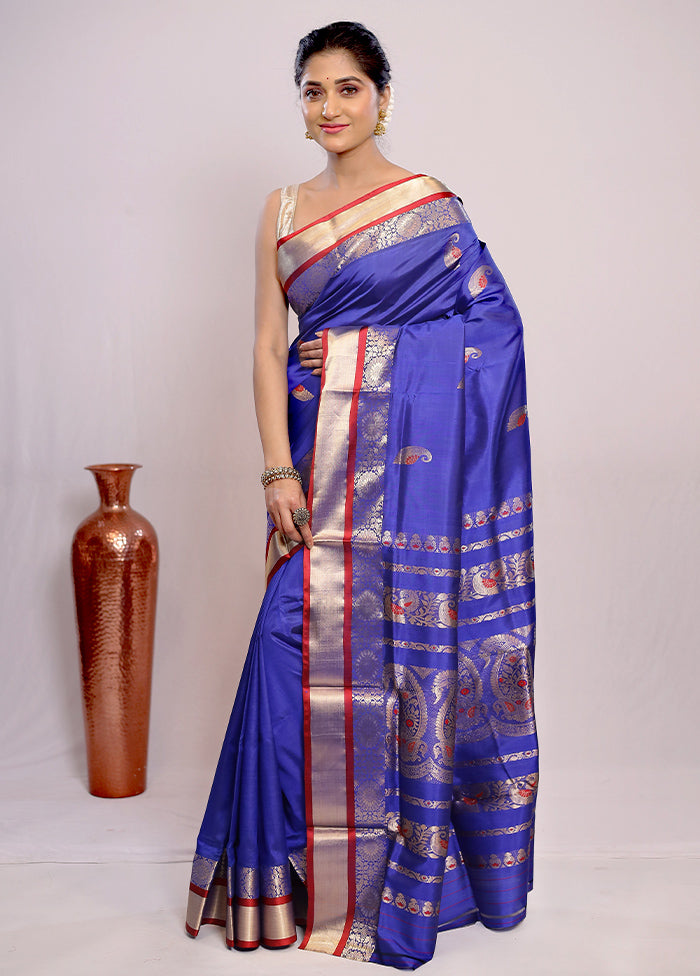 Blue Garad Pure Silk Saree Without Blouse Piece - Indian Silk House Agencies