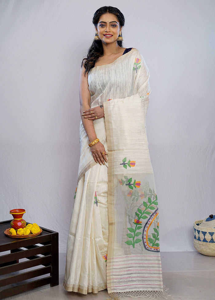 Cream Matka Pure Silk Saree With Blouse Piece - Indian Silk House Agencies