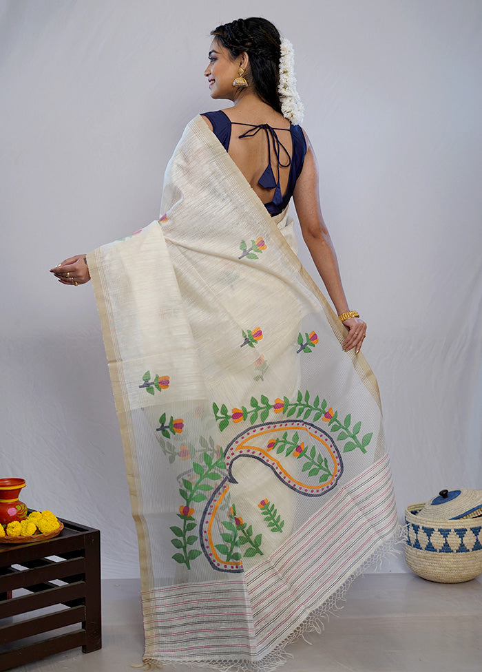 Cream Matka Pure Silk Saree With Blouse Piece - Indian Silk House Agencies
