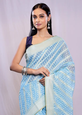 Blue Kora Silk Saree With Blouse Piece - Indian Silk House Agencies