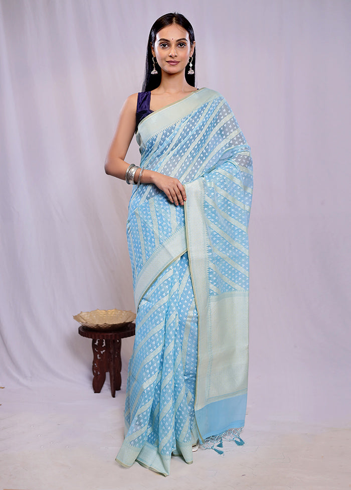 Blue Kora Silk Saree With Blouse Piece - Indian Silk House Agencies