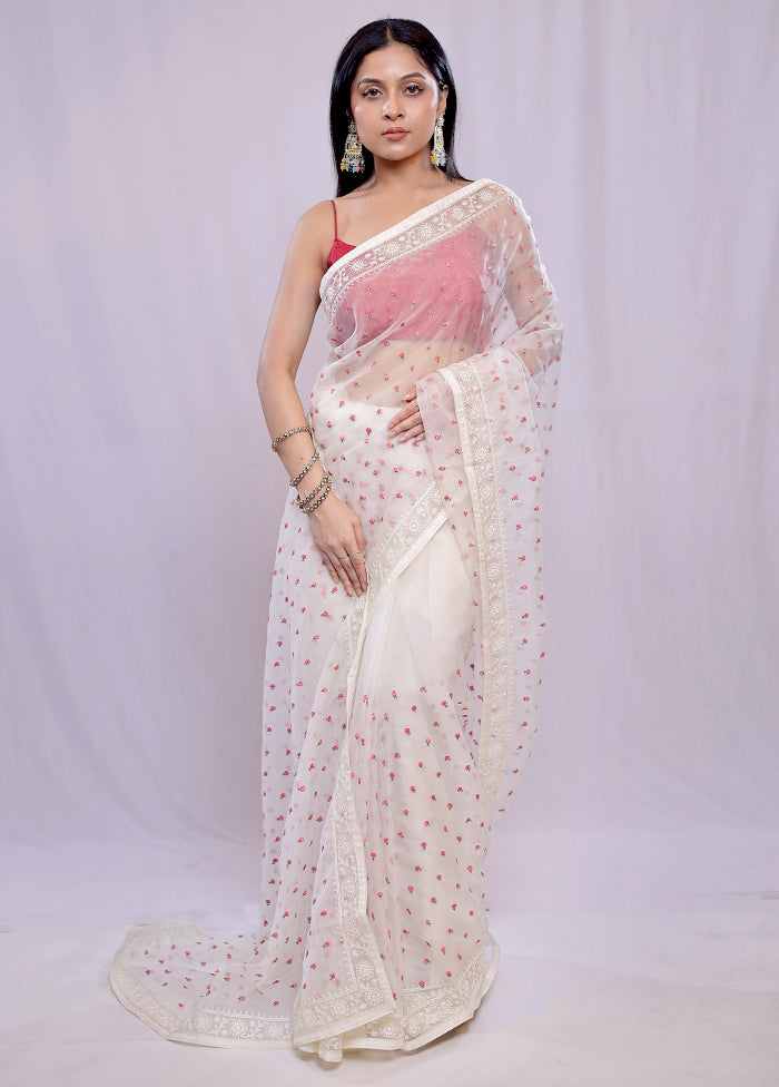 White Organza Saree With Blouse Piece - Indian Silk House Agencies