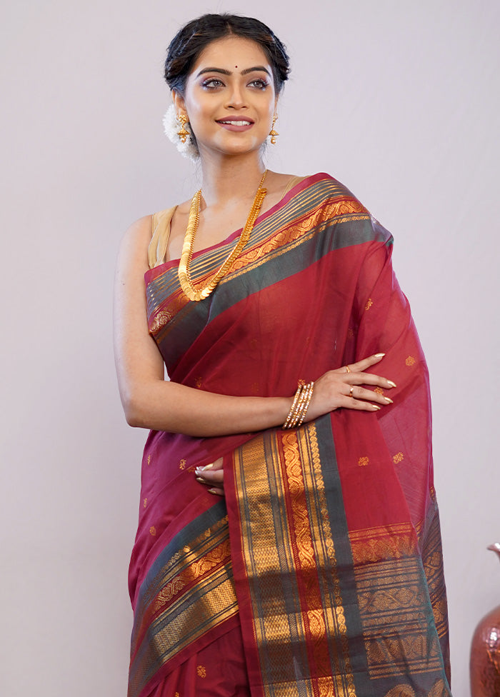 Maroon Silk Cotton Gadwal Saree Without Blouse Piece - Indian Silk House Agencies