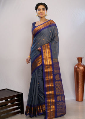 Grey Silk Cotton Gadwal Saree Without Blouse Piece - Indian Silk House Agencies