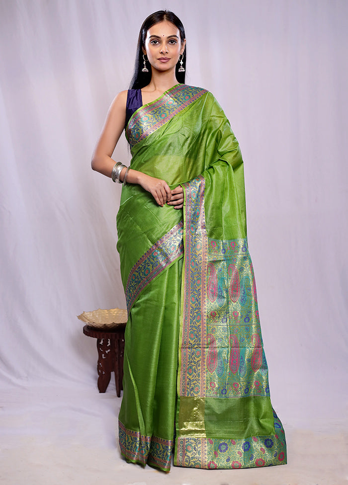 Green Tussar Silk Saree With Blouse Piece - Indian Silk House Agencies