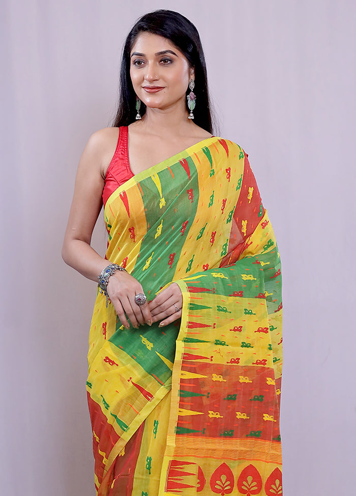 Yellow Tant Jamdani Saree Without Blouse Piece - Indian Silk House Agencies