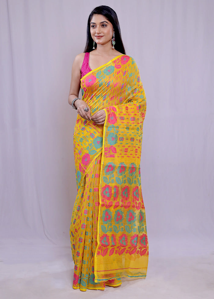 Yellow Tant Jamdani Saree Without Blouse Piece - Indian Silk House Agencies