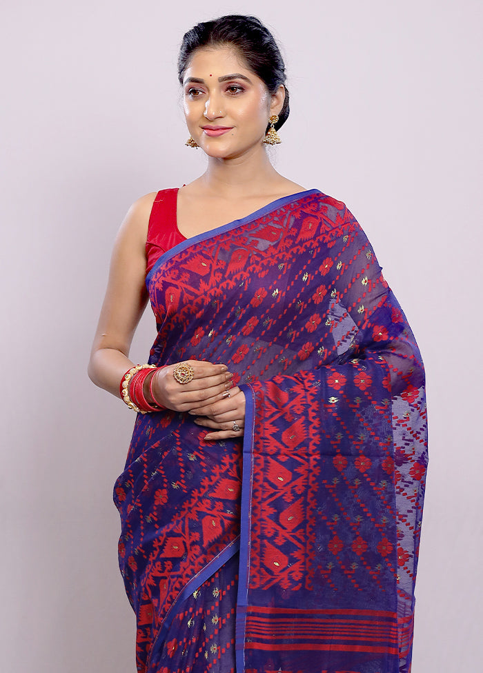 Blue Tant Jamdani Saree Without Blouse Piece - Indian Silk House Agencies