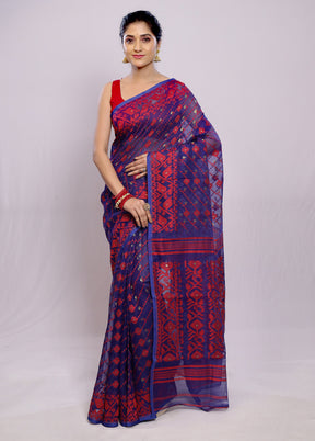 Blue Tant Jamdani Saree Without Blouse Piece - Indian Silk House Agencies