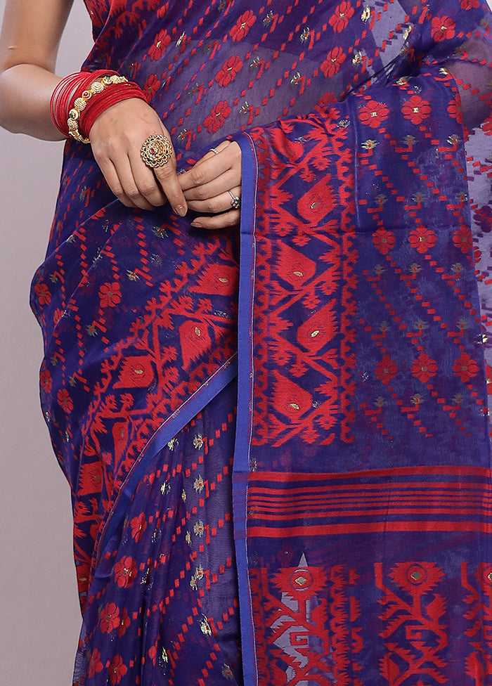 Blue Tant Jamdani Saree Without Blouse Piece - Indian Silk House Agencies