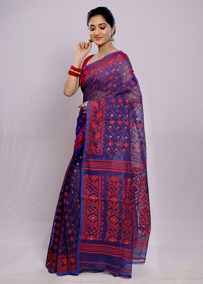 Blue Tant Jamdani Saree Without Blouse Piece - Indian Silk House Agencies