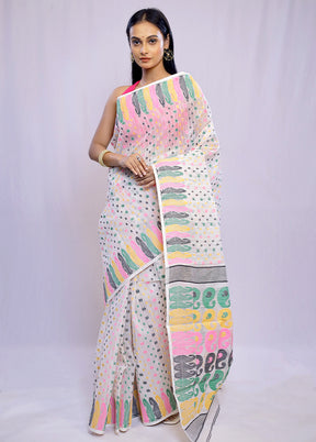 White Tant Cotton Saree Without Blouse Piece - Indian Silk House Agencies