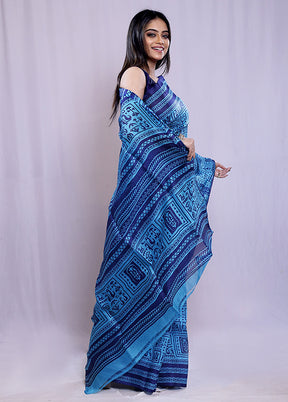 Blue Printed Pure Silk Saree With Blouse Piece - Indian Silk House Agencies