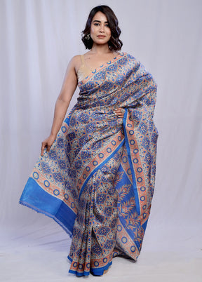 Blue Printed Pure Silk Saree With Blouse Piece - Indian Silk House Agencies