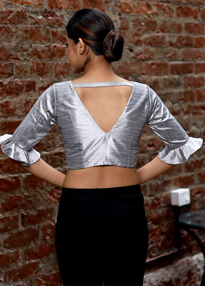 Grey Dupion Silk Designer Blouse - Indian Silk House Agencies