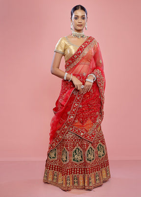 3 Pc Red Net Semi Stitched Lehenga Set - Indian Silk House Agencies