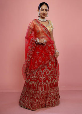 3 Pc Red Net Semi Stitched Lehenga Set - Indian Silk House Agencies