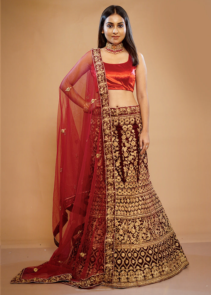 3 Pc Maroon Net Semi Stitched Lehenga Set - Indian Silk House Agencies