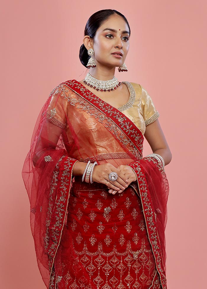 3 Pc Maroon Semi Stitched Velvet Lehenga Set - Indian Silk House Agencies