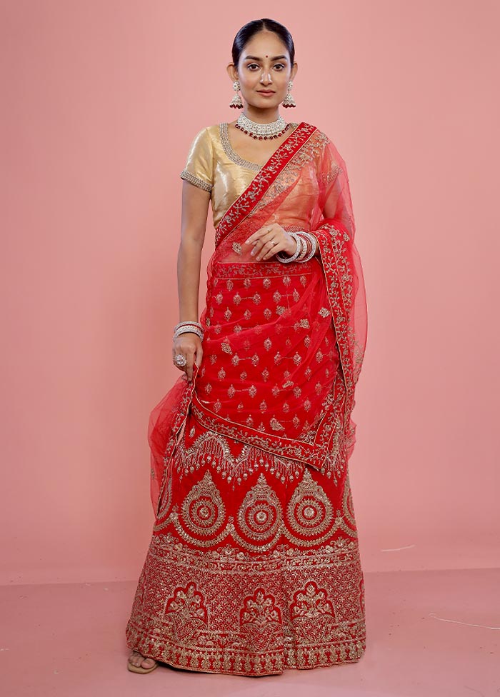 3 Pc Red Semi Stitched Velvet Lehenga Set - Indian Silk House Agencies