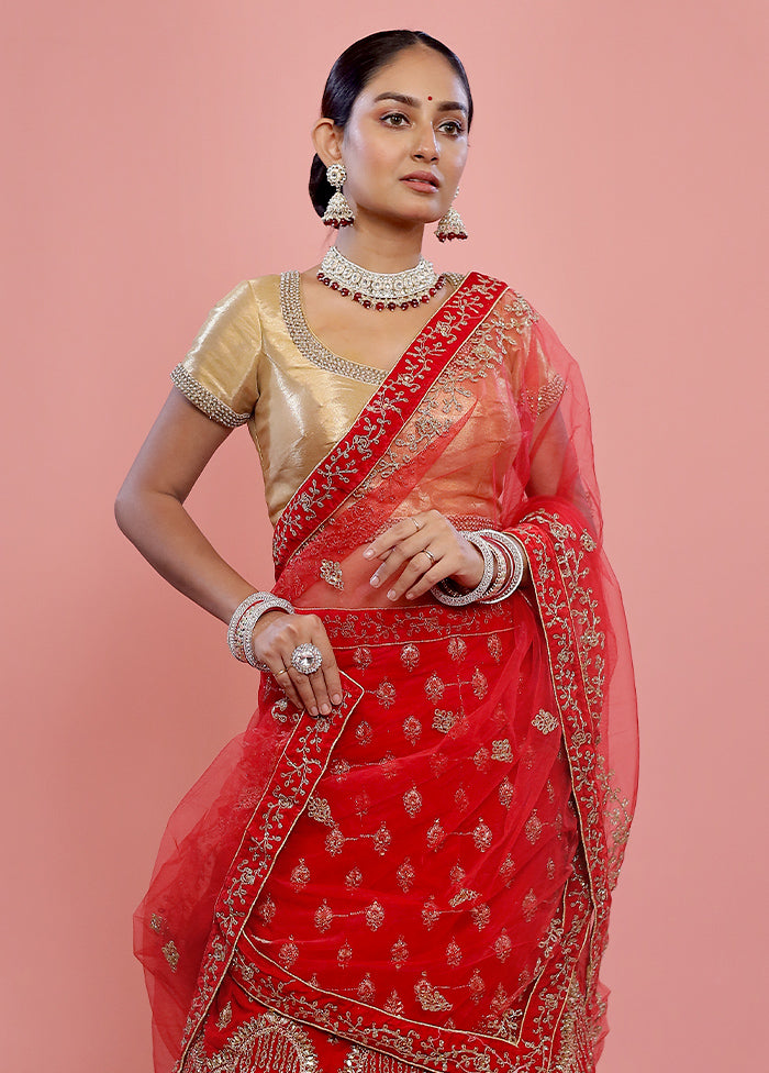 3 Pc Red Semi Stitched Velvet Lehenga Set - Indian Silk House Agencies