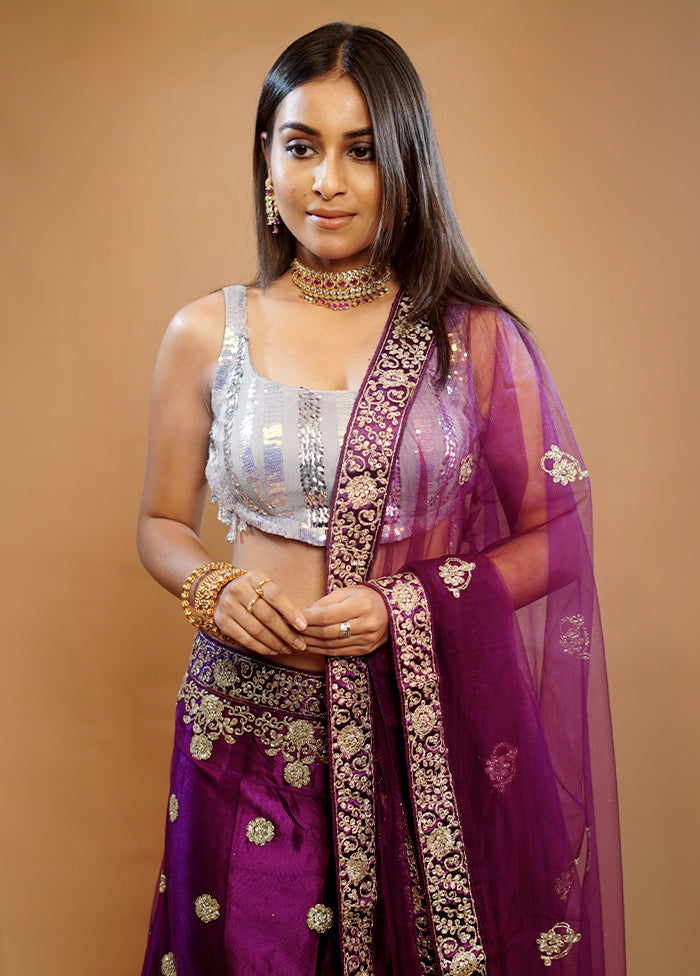 3 Pc Purple Georgette Semi Stitched Lehenga Set - Indian Silk House Agencies