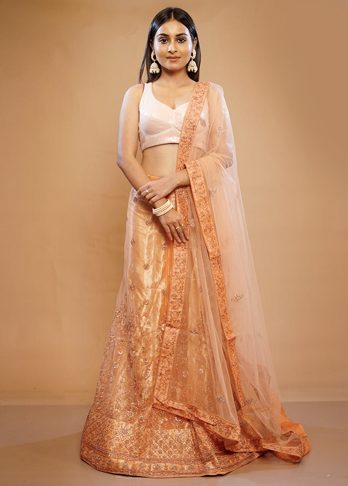 3 Pc Peach Georgette Semi Stitched Lehenga Set - Indian Silk House Agencies