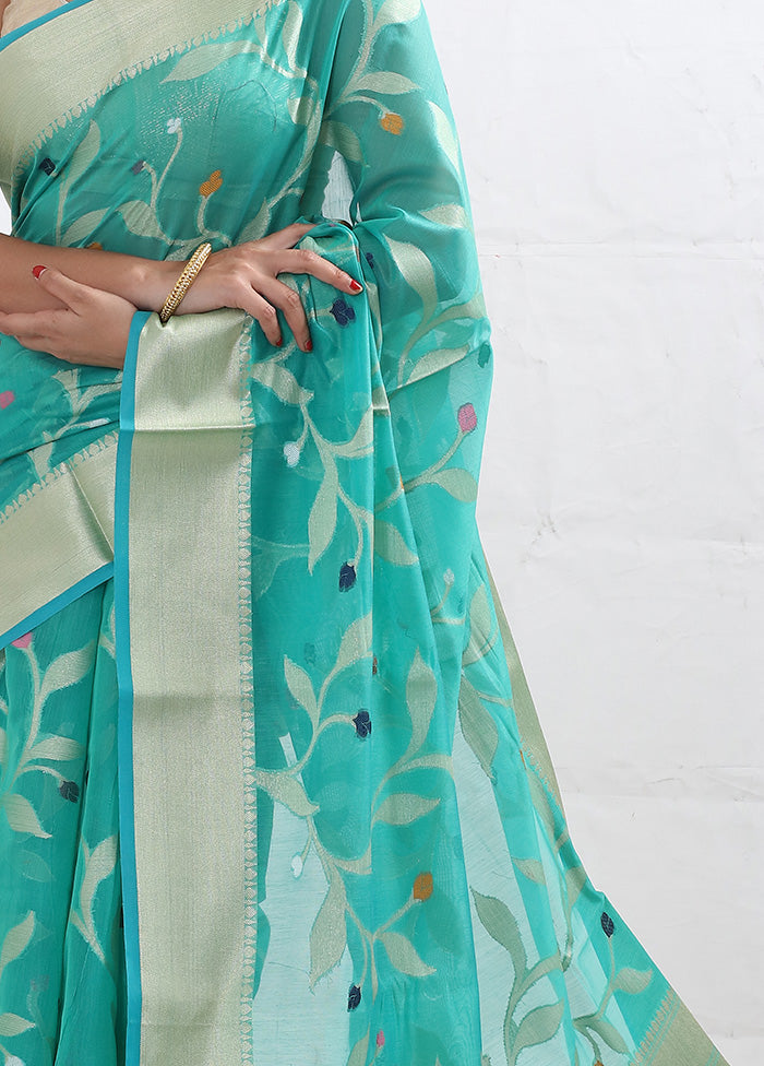 Sky Blue Cotton Saree With Blouse Piece - Indian Silk House Agencies