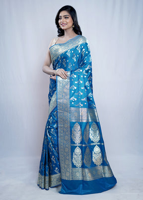 Blue Banarasi Silk Saree With Blouse Piece - Indian Silk House Agencies