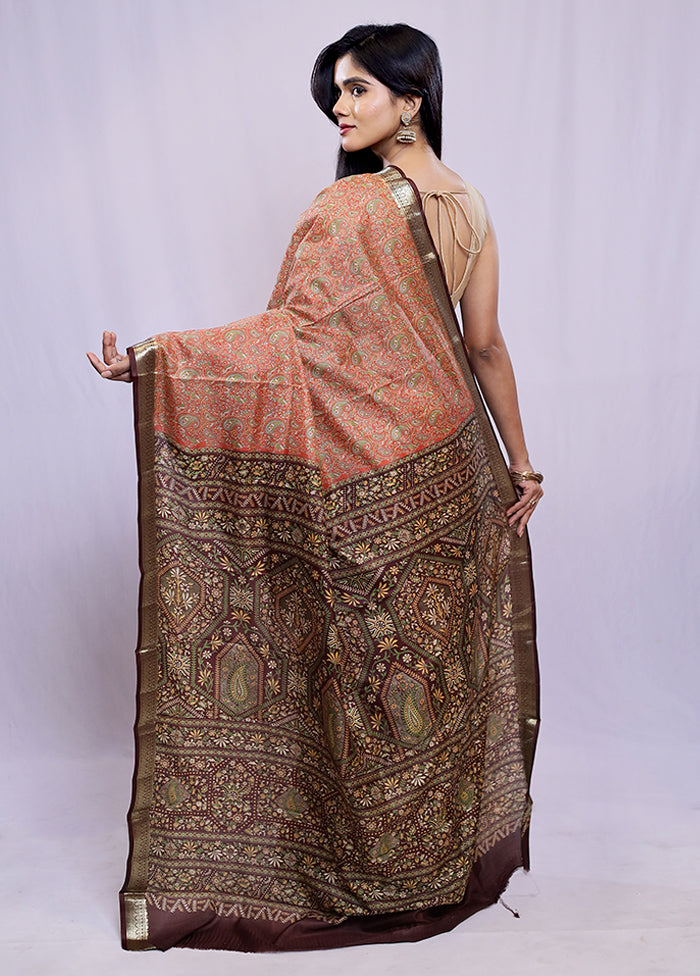 Rust Printed Pure Silk Saree With Blouse Piece - Indian Silk House Agencies